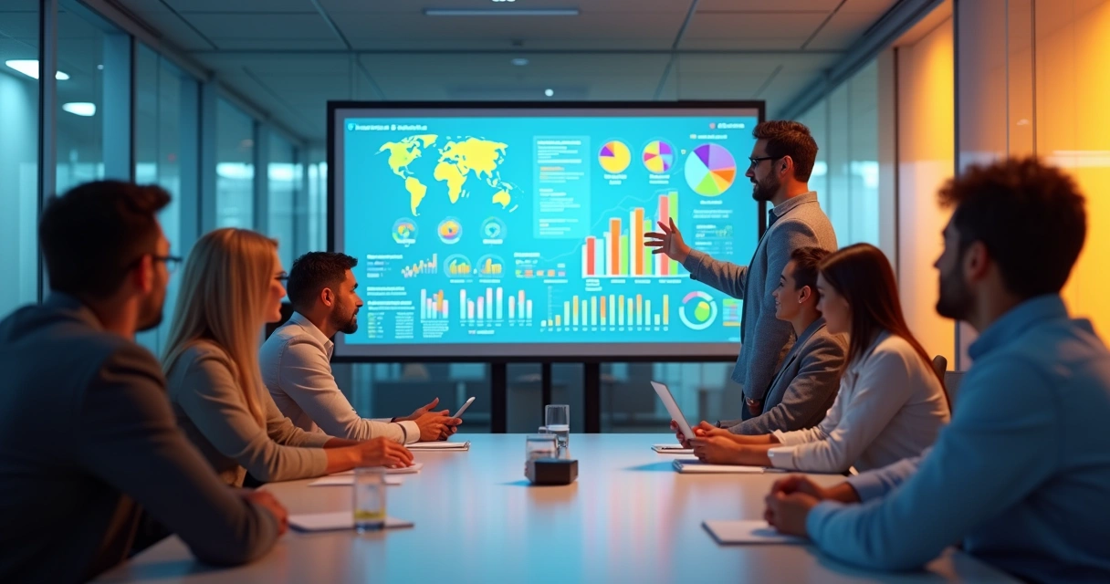 Equipe reunida em uma sala moderna, observando uma tela de apresentação com gráficos digitais