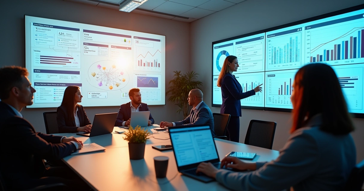 Equipe empresarial treinando agentes de IA em uma sala moderna com telas e gráficos de dados 