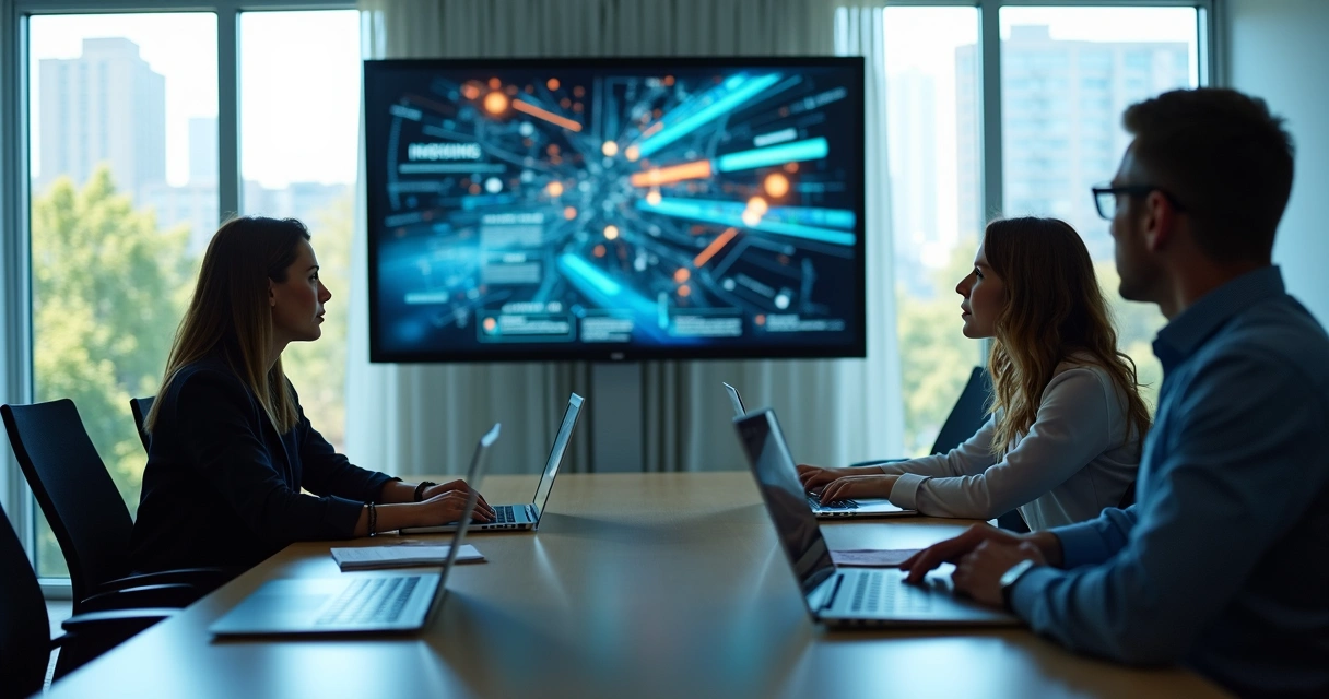 Equipe pequena assistindo tutorial de IA em sala de reunião 