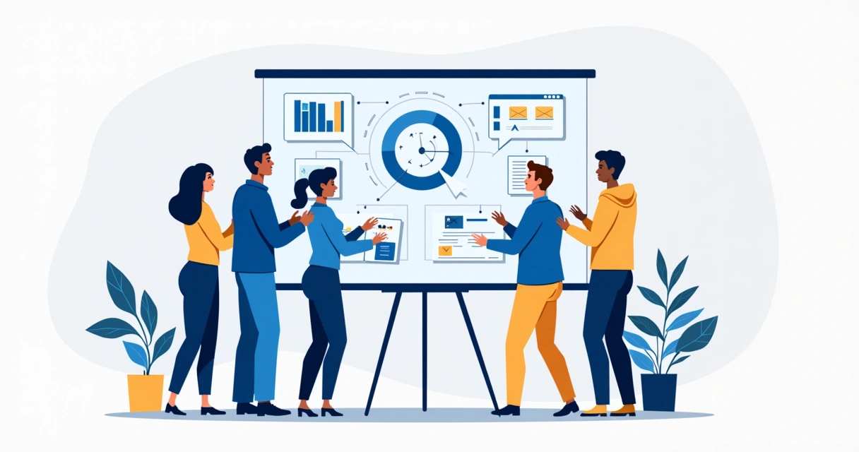 Equipe discutindo estratégias de marketing conversacional em frente a telas digitais 