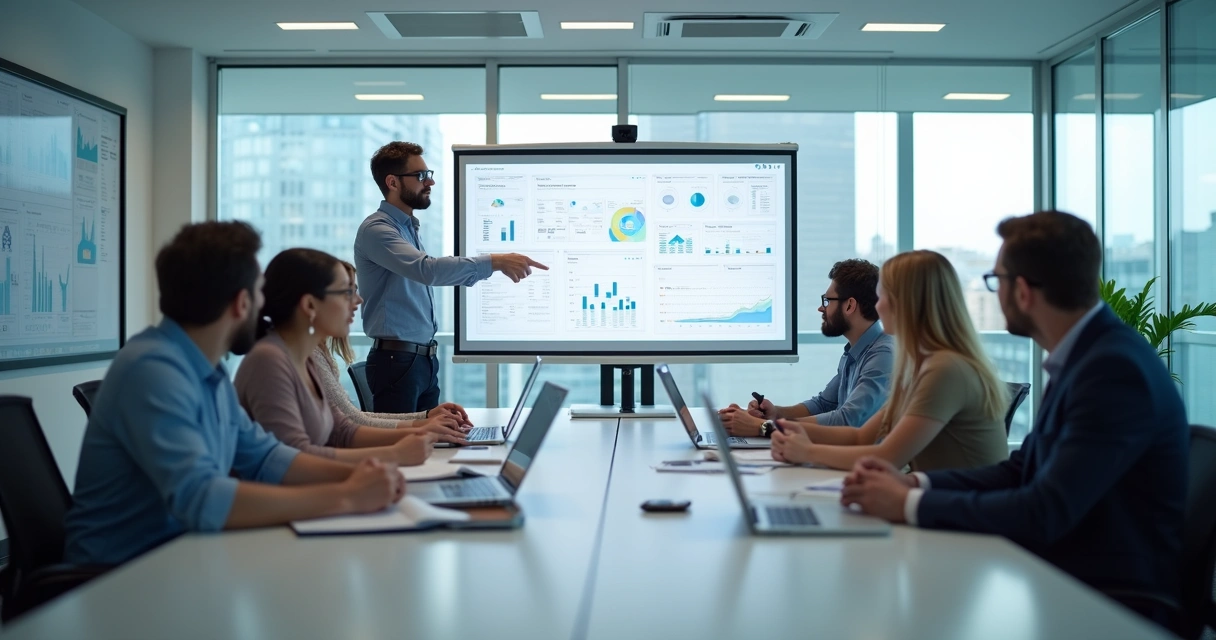 Equipe reunida em sala de reunião, olhando para tela de computador e recebendo treinamento sobre novo sistema digital 