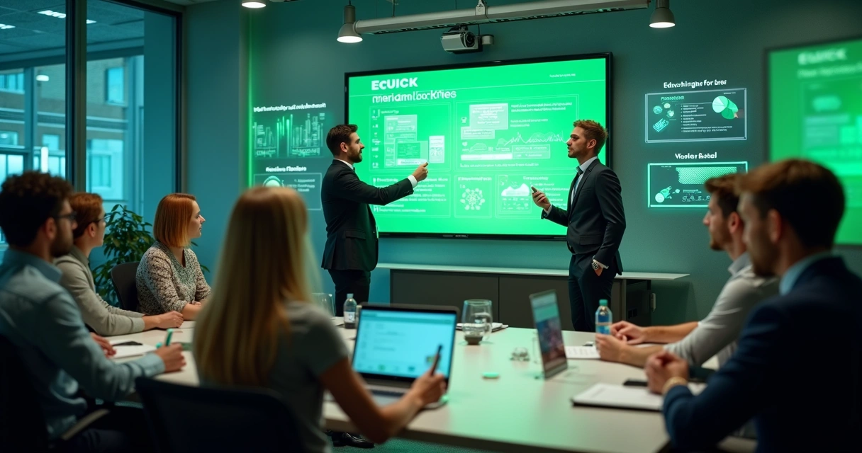 Equipe diversificada recebendo treinamento sobre softwares ecológicos em ambiente moderno 