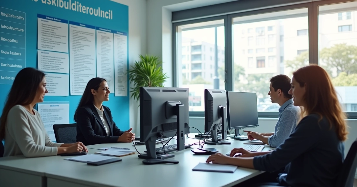 Equipe registrando solicitações em painel e computadores 