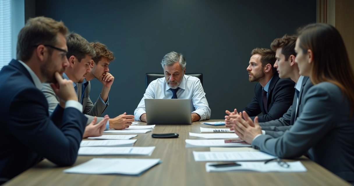 Equipe reunida em uma sala de reunião, muitos com expressão séria e desanimada 