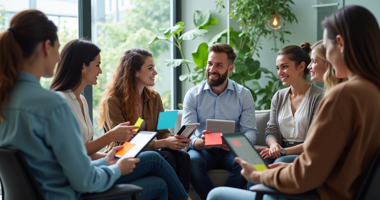 Equipe de escritório sentada em círculo trocando feedback com post-its e tablets 