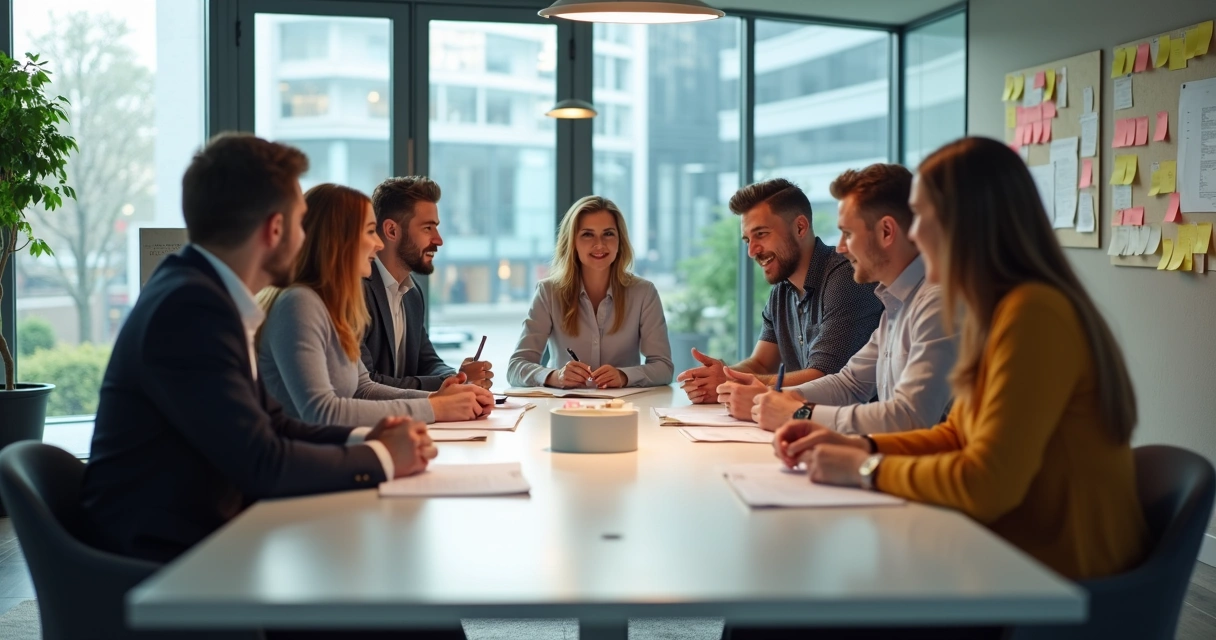 Equipe sentada em mesa de reunião trocando feedback