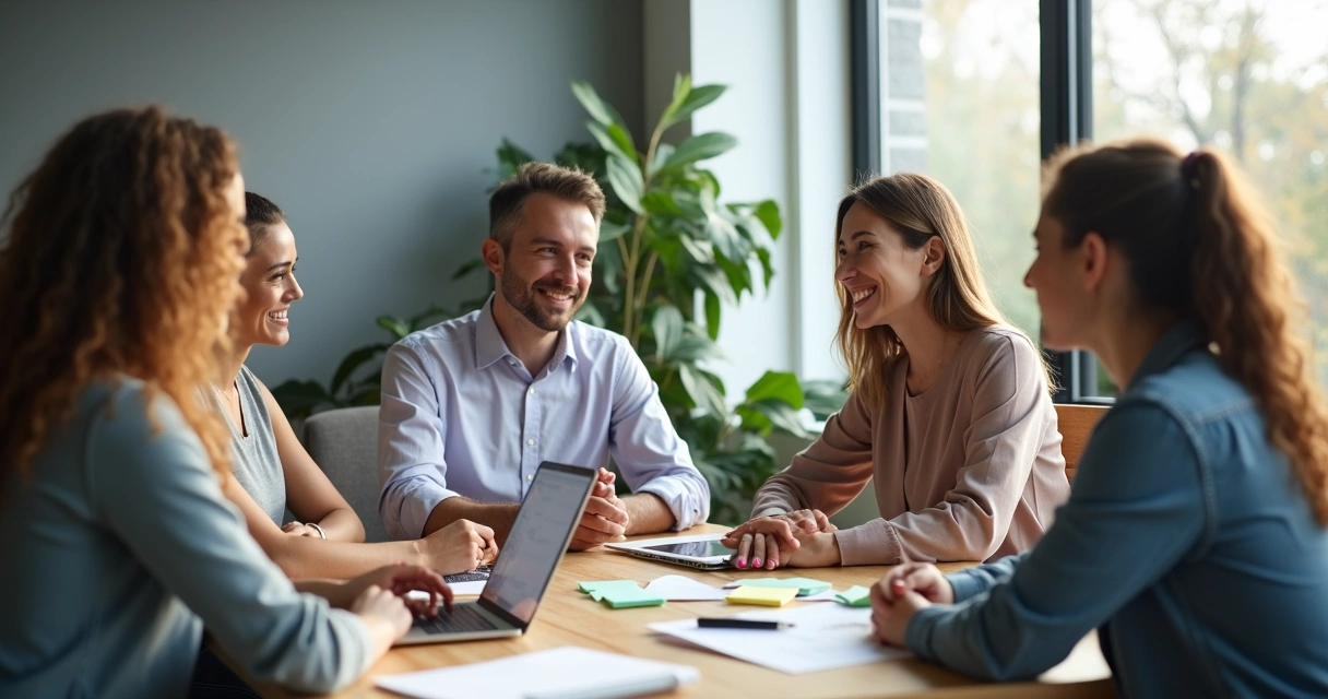Equipe reunida em sala moderna trocando feedbacks de forma respeitosa 