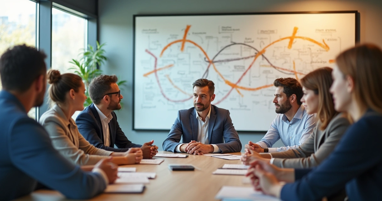 Equipe reunida trocando feedbacks em uma sala moderna 