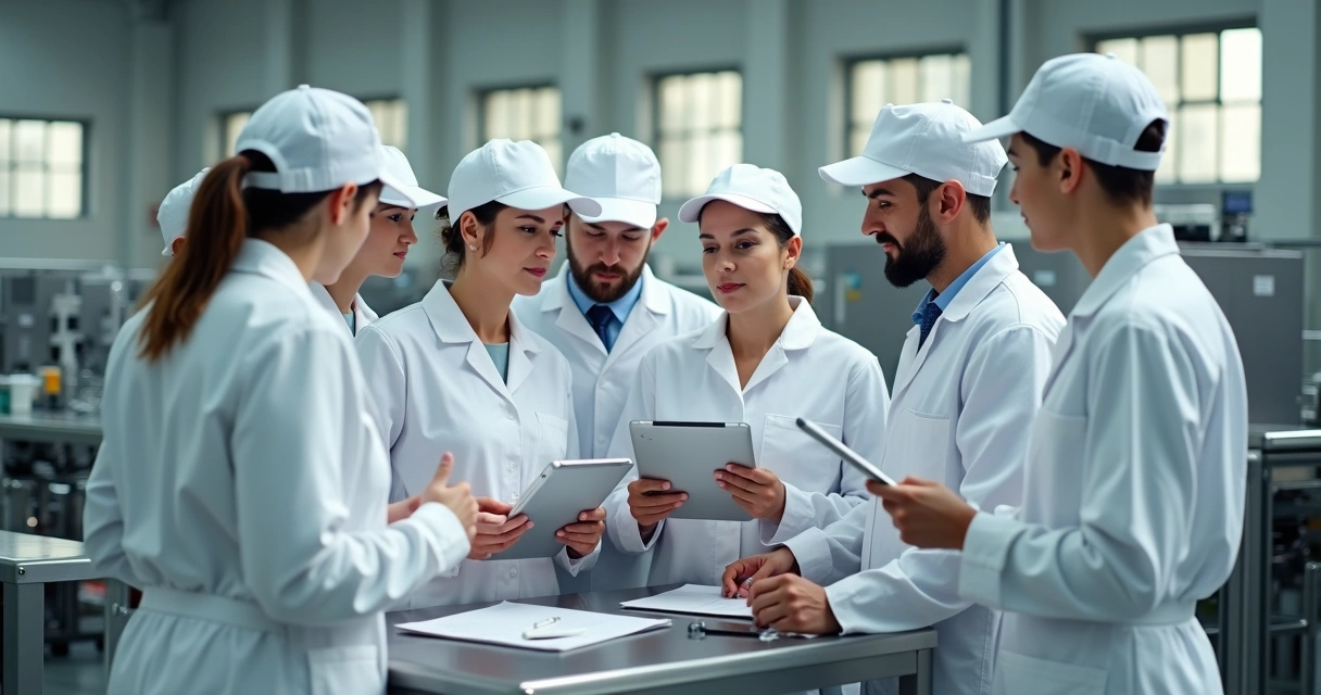 Equipe de fábrica reunida em troca de turno, usando uniformes brancos ao redor de uma mesa com tablets e papéis 