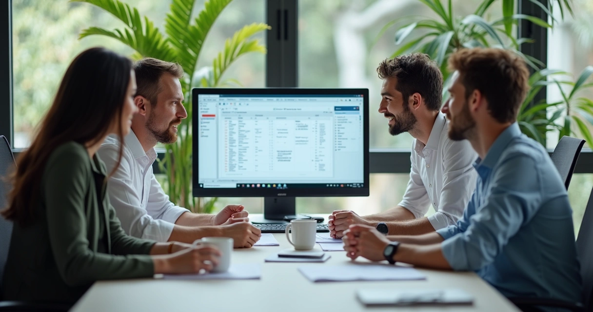 Equipe de SST analisando documentos em escritório com computadores