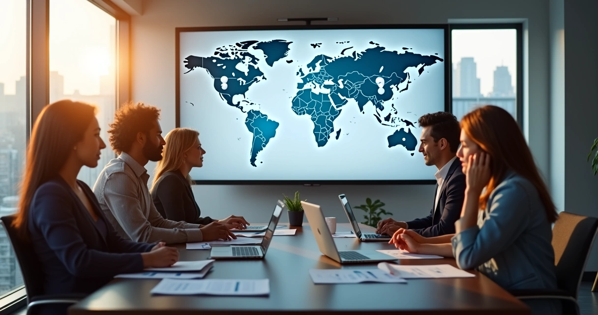 Equipe analisando dados de vendas de turismo internacional em tela 