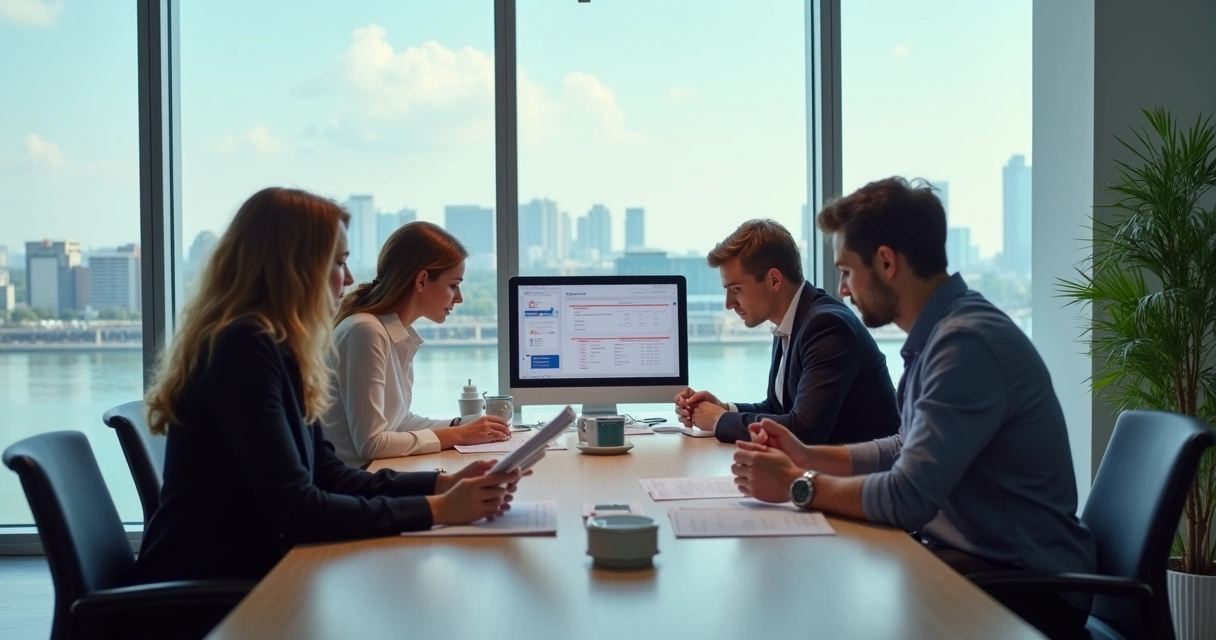 Equipe de agência de turismo reunida discutindo procedimentos 