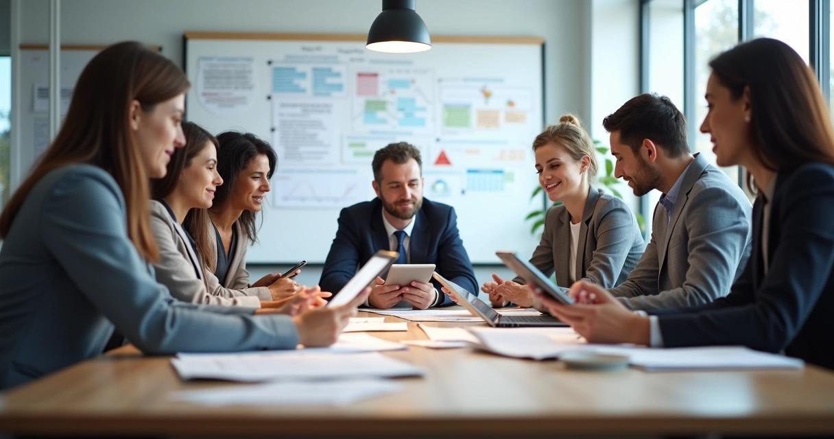 Equipe de turismo reunida em sala, analisando papéis e computadores 