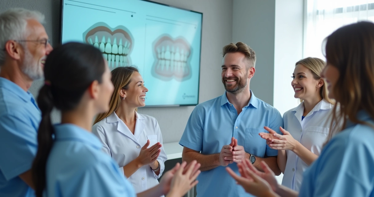 Equipe de clínica odontológica reunida em sala, sorrindo e comemorando resultado 
