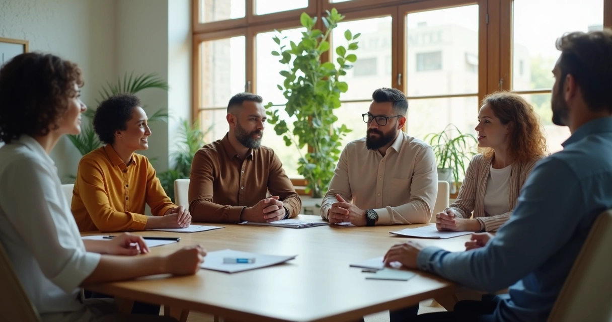 Equipe reunida em círculo conversando de forma colaborativa 
