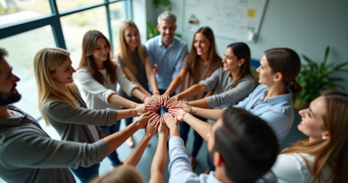 Grupo diverso de pessoas em círculo unindo as mãos ao centro em ambiente corporativo moderno 