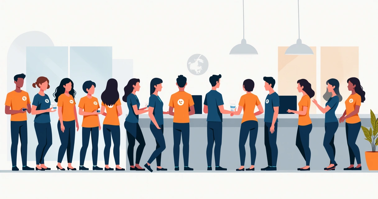 Equipe de atendimento usando camisetas uniformizadas e demonstrando espírito de equipe 