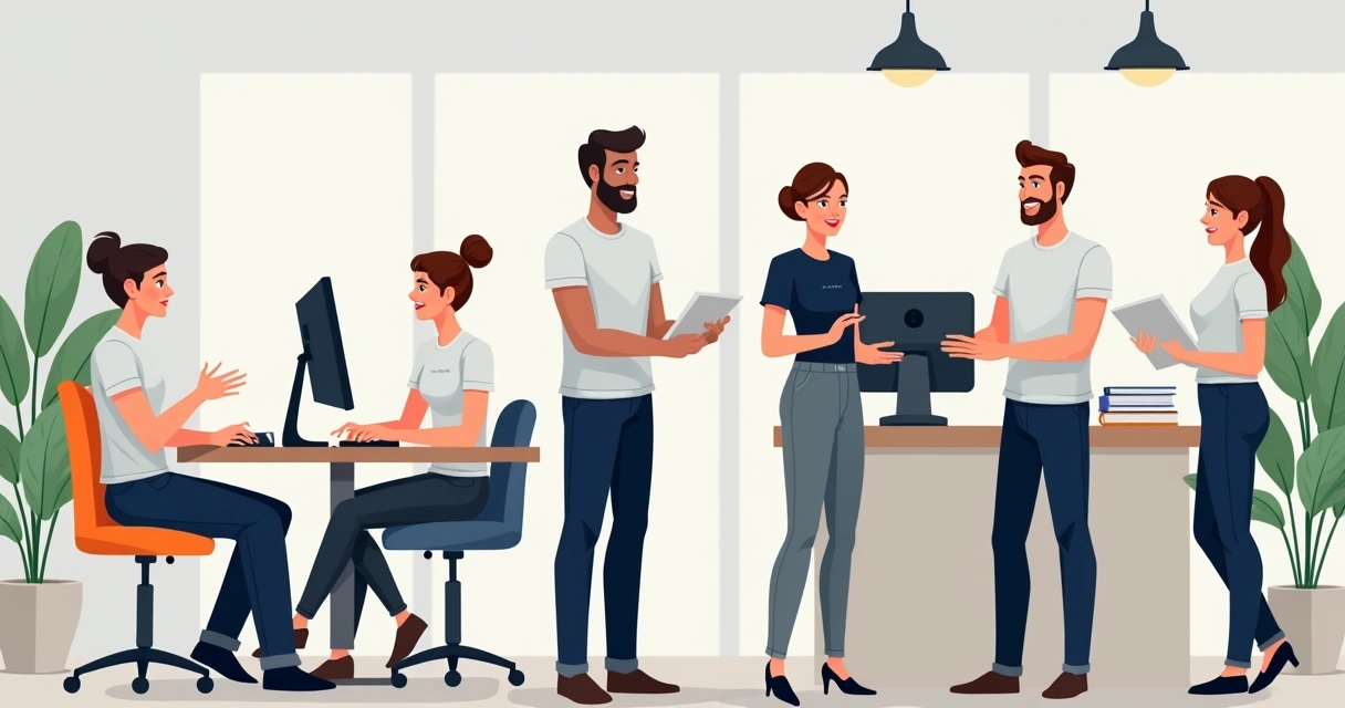 Equipe uniformizada em ambiente de trabalho sorrindo e atendendo clientes 