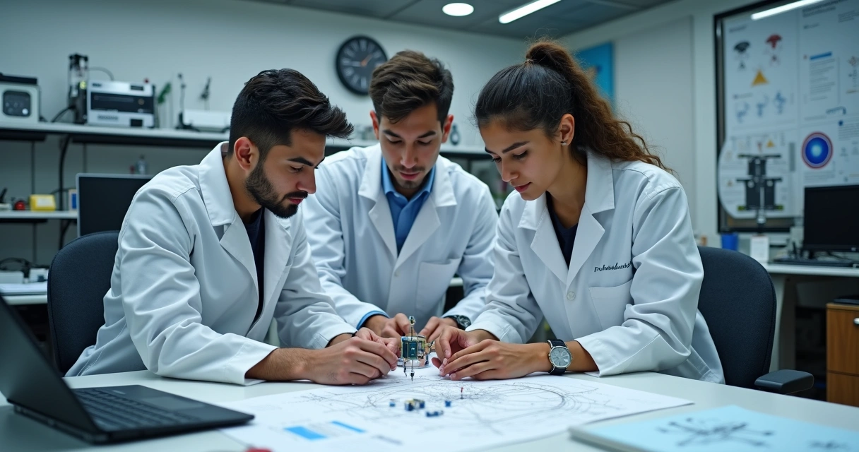 Equipe de universitários brasileiros ajustando satélite em laboratório. 