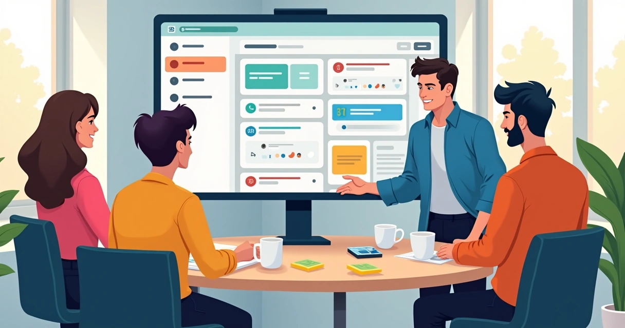 Equipe em escritório moderno usando tela do Asana para gerenciar projetos 