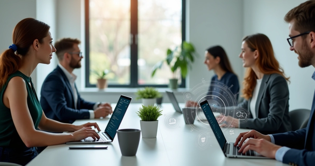 Profissionais reunidos usando ChatGPT pago no notebook 
