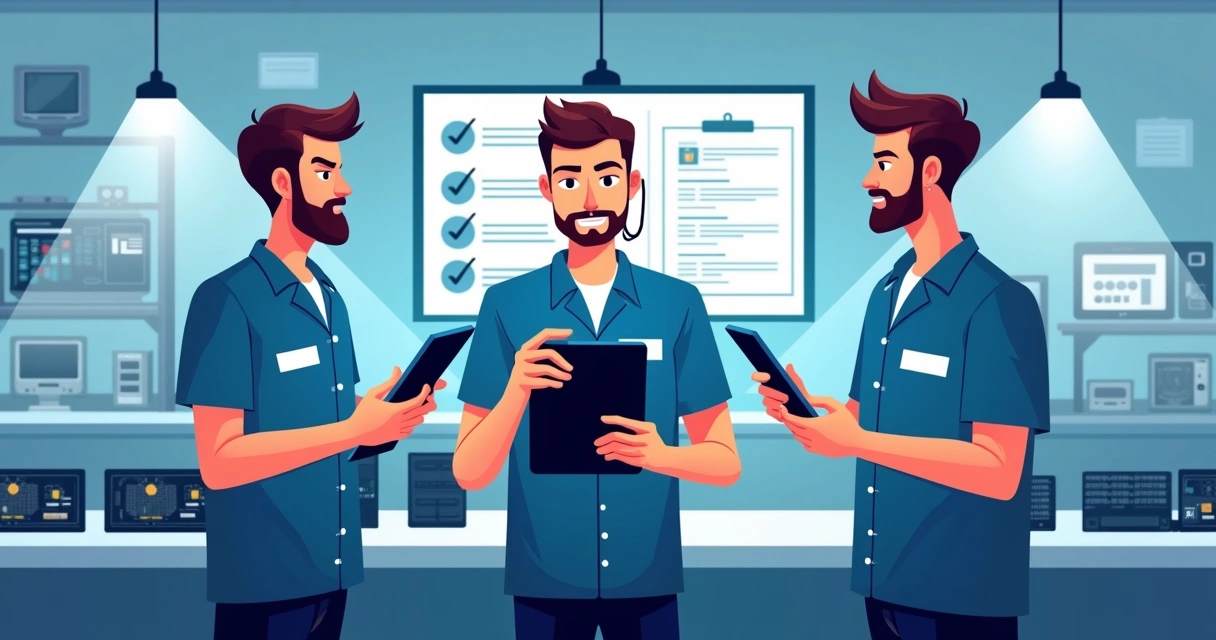 Equipe de técnicos usando checklists digitais em tablets na oficina 