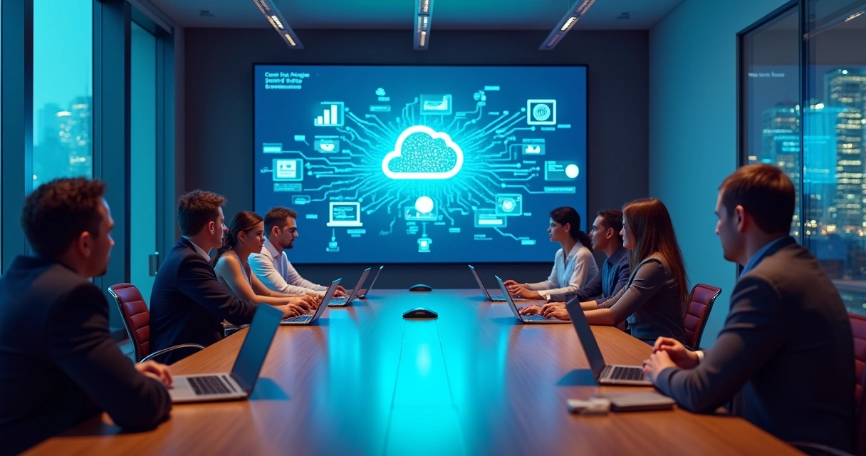 Equipe em sala de reunião usando notebooks com painel digital de IA e nuvem ao fundo 