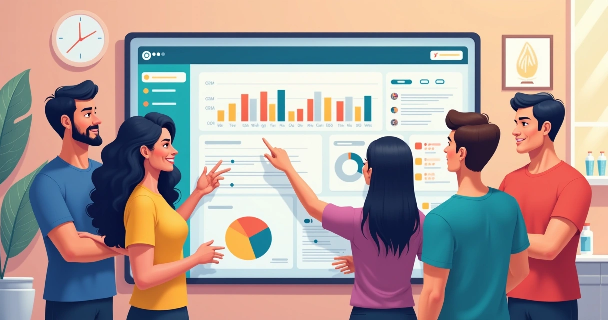 Equipe explorando uma tela de CRM em clínica 