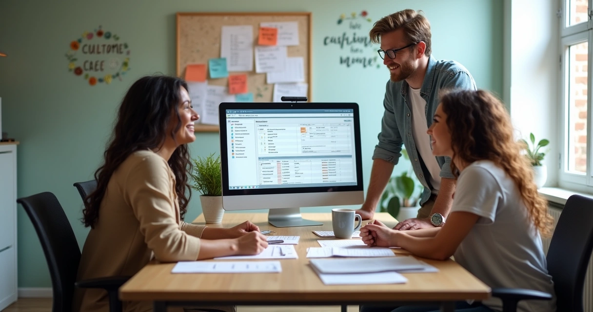 Equipe reunida em volta de um computador utilizando um sistema de CRM em um escritório pequeno, ambiente descontraído