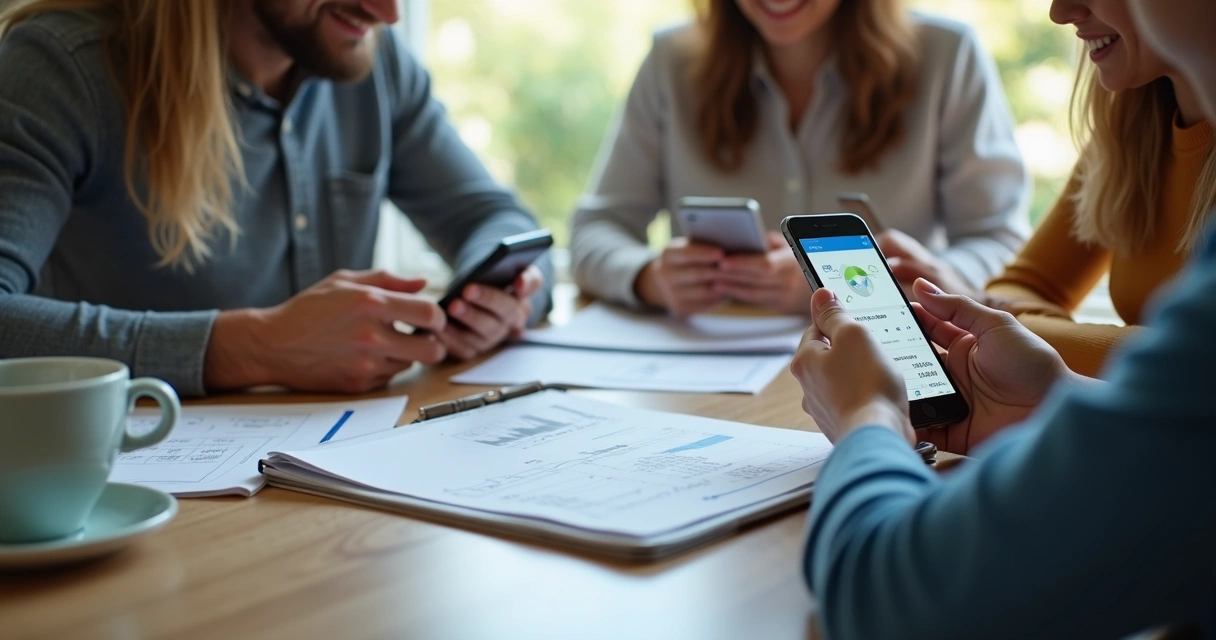 Equipe de pequenas empresas usando aplicativo de CRM simples em smartphones 