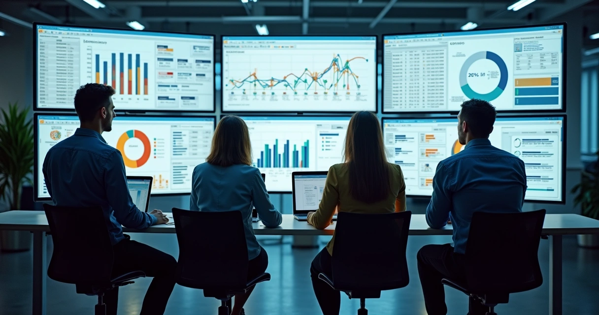 Equipe analisando dashboards de ERP em várias telas. 