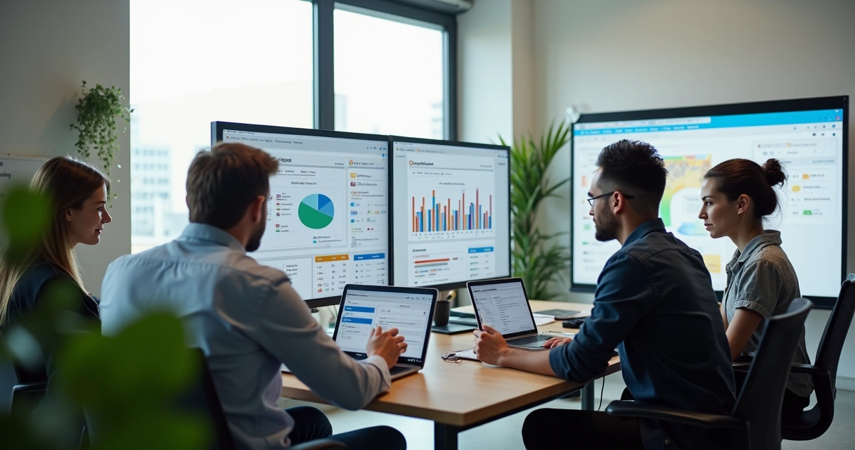 Equipe de PME utilizando sistema ERP em computadores 