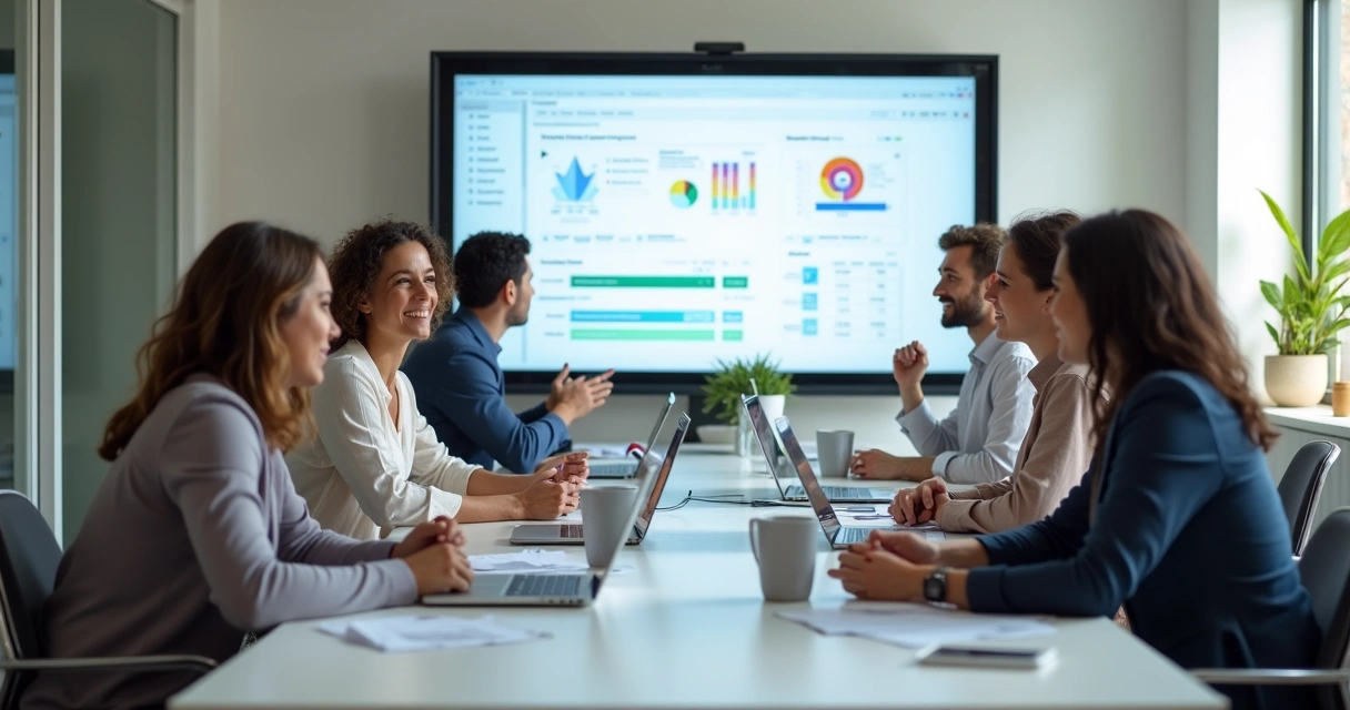 Equipe reunida ao redor de mesa usando ERP em tela grande 