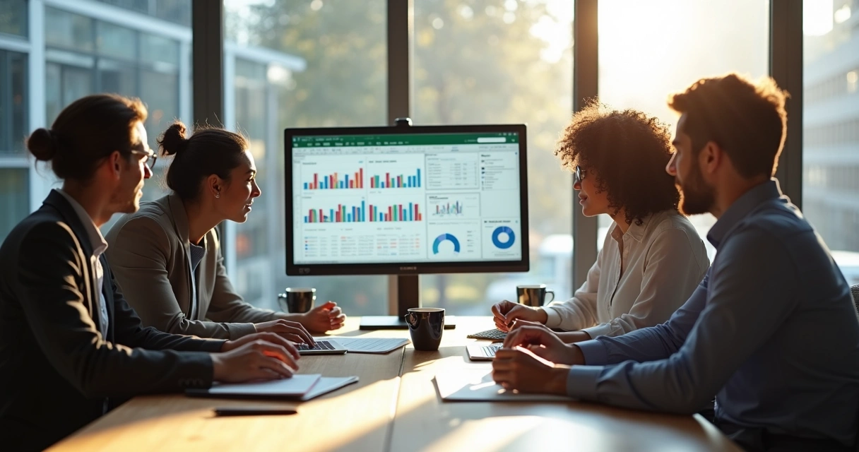 Equipe analisando planilha de Excel na tela do computador 