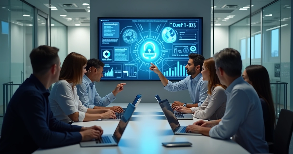 Equipe reunida em uma mesa usando notebooks e discutindo gráficos tecnológicos 