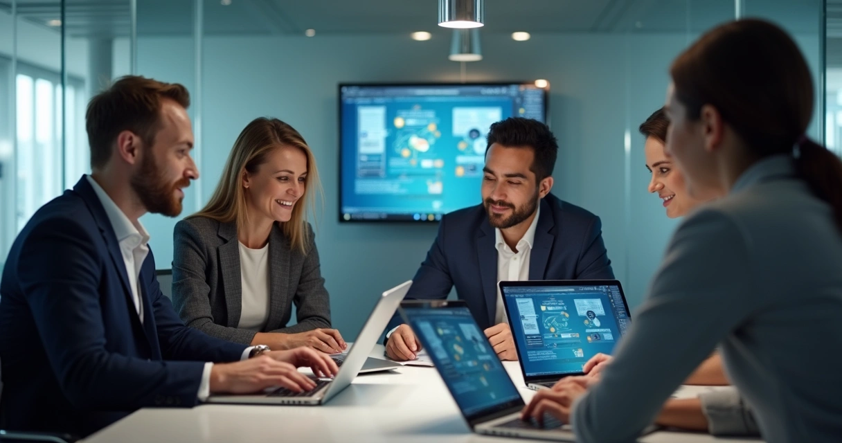 Equipe usando integração API em plataforma financeira 