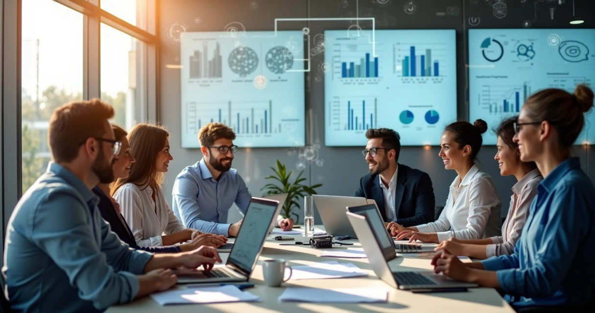 Equipe reunida em torno de notebooks analisando dados de vendas 
