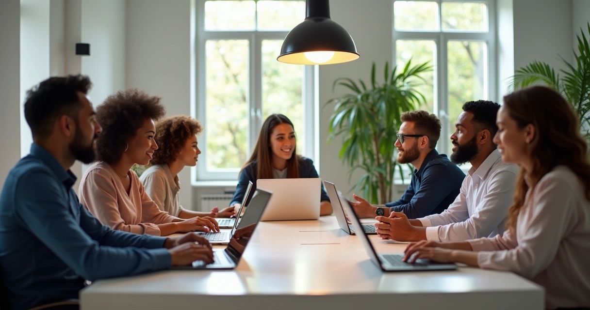 Equipe de trabalho sentada em volta de uma mesa usando Notion no computador