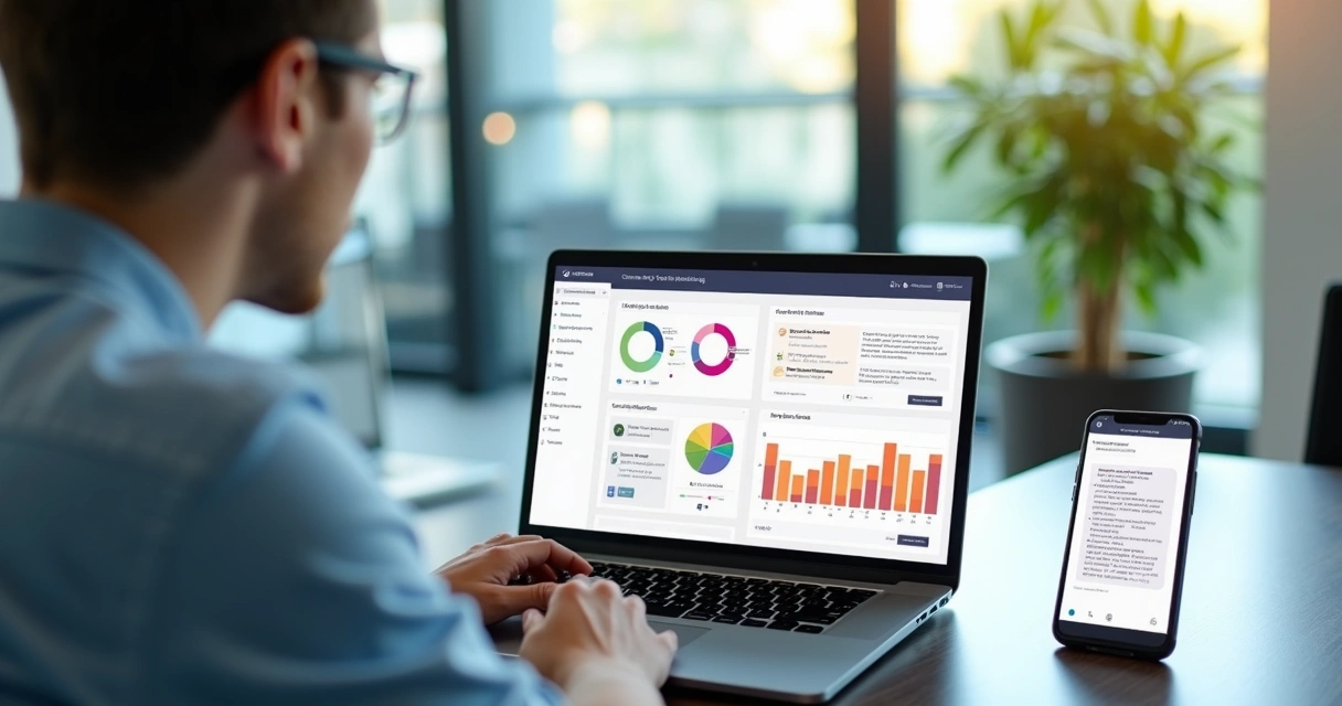 Pessoa analisando plataforma de gestão financeira no notebook 