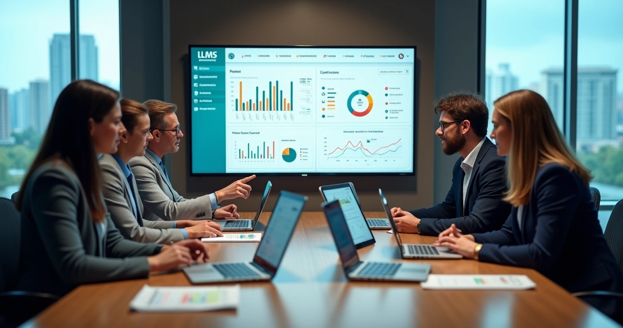 Equipe de RH analisa plataforma LMS em dashboard corporativo 