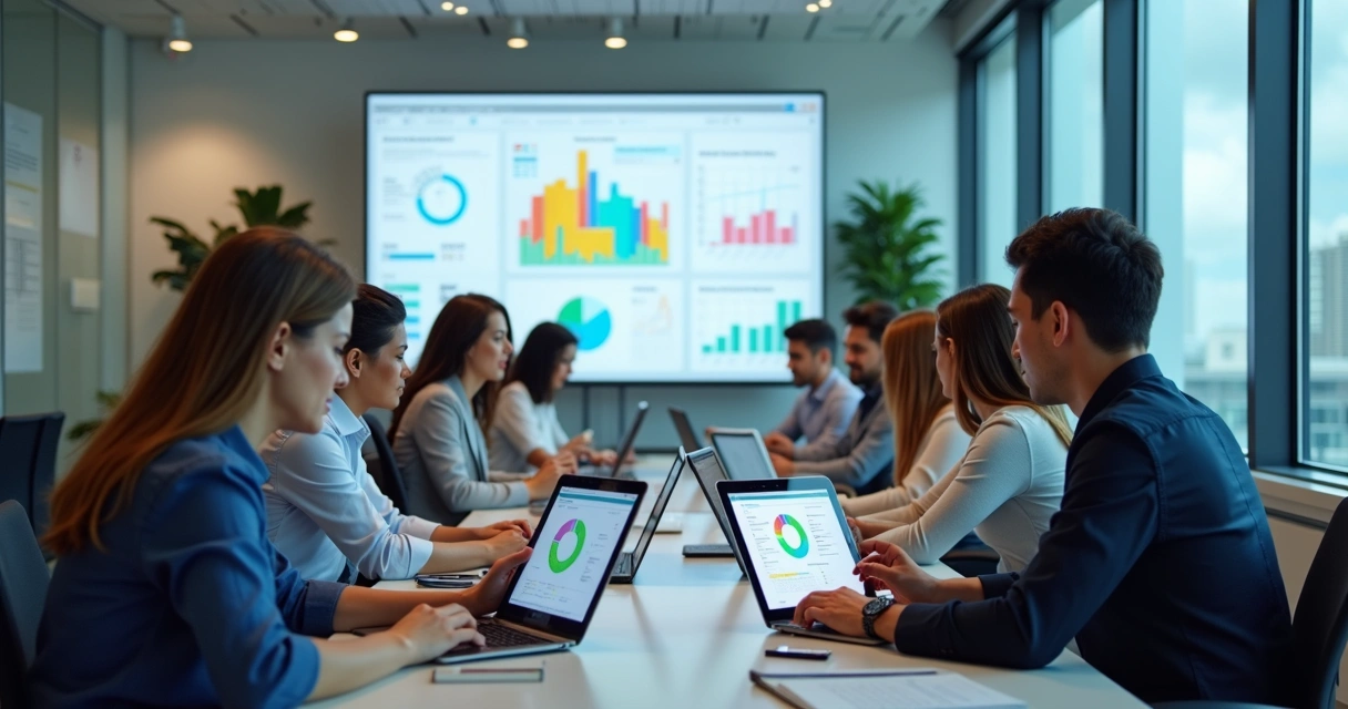 Equipe corporativa colaborando e usando Power Apps em laptops e tablets no escritório moderno 