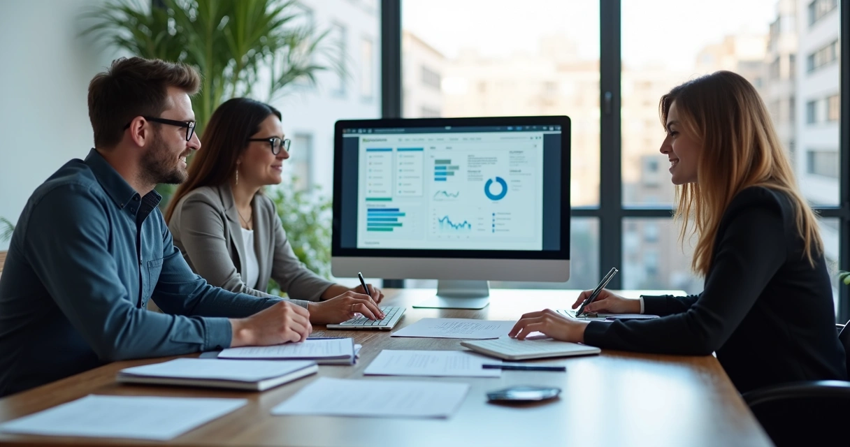 Equipe comercial usando sistema digital em computadores na mesa. 