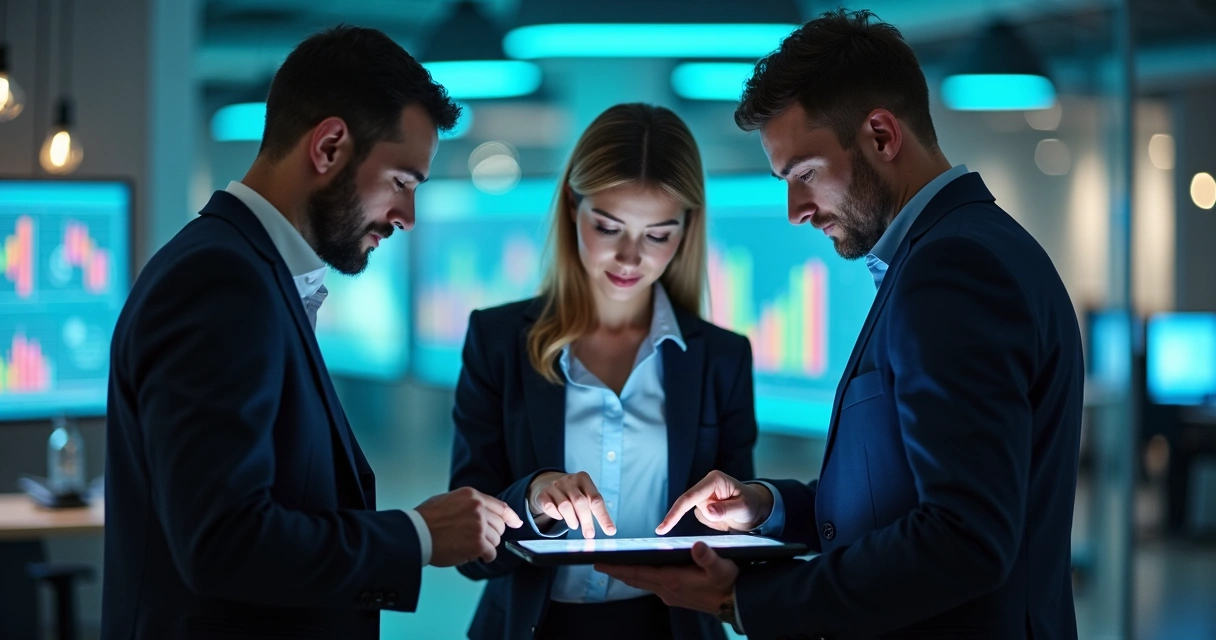 Equipe analisa dados digitais em tablet com gráficos coloridos 