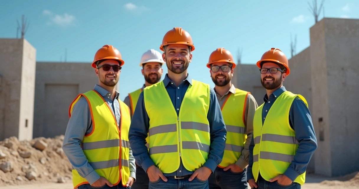Equipe de trabalhadores usando EPIs completos em canteiro de obra aberto 