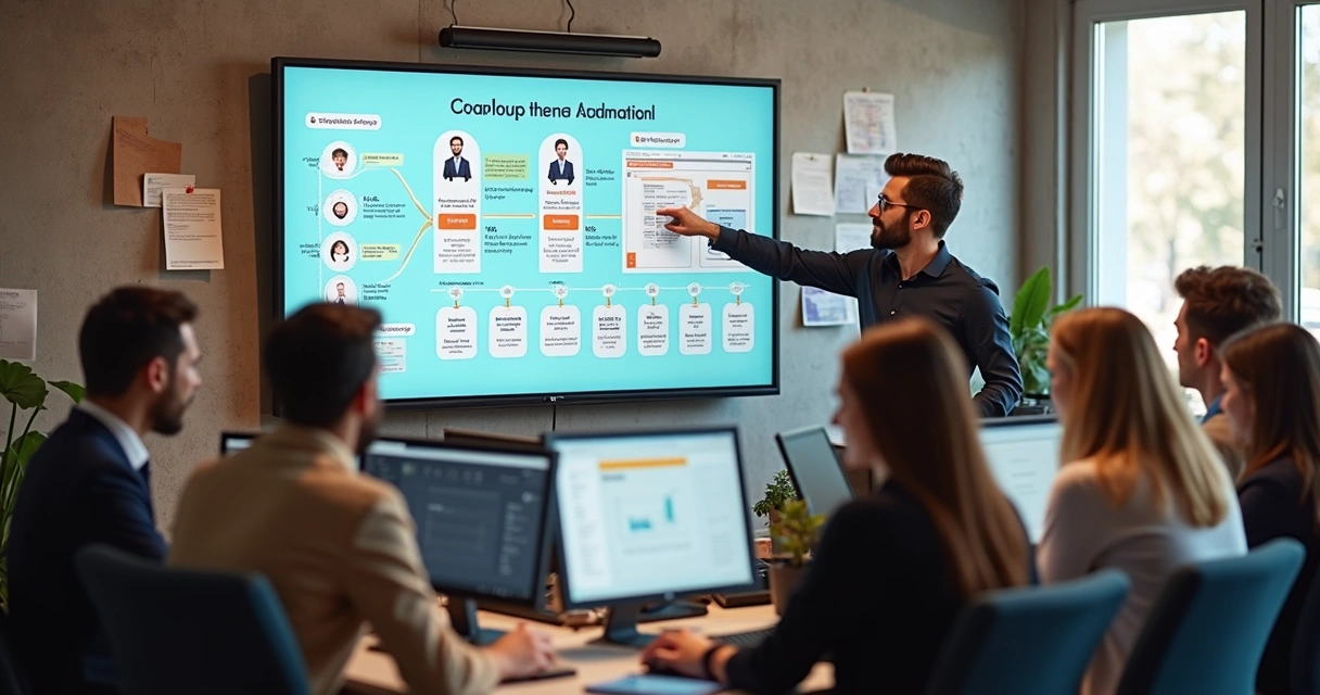 Equipe usando computador com painéis de IA coloridos na parede 