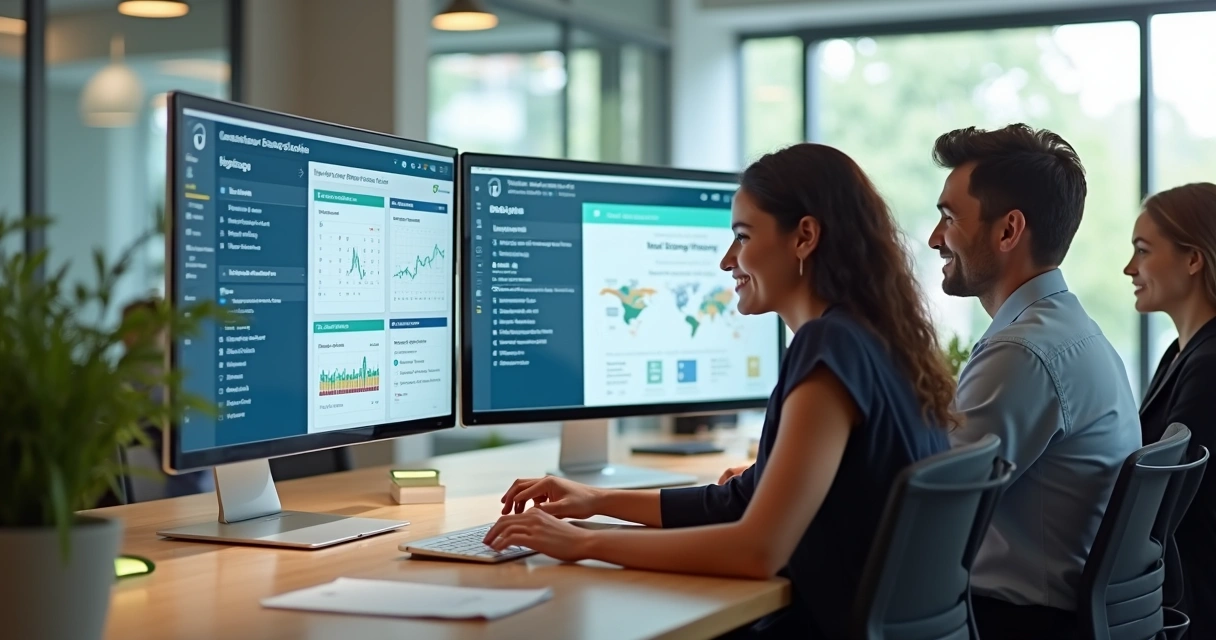 Equipe de RH utilizando software de gestão em escritório moderno 