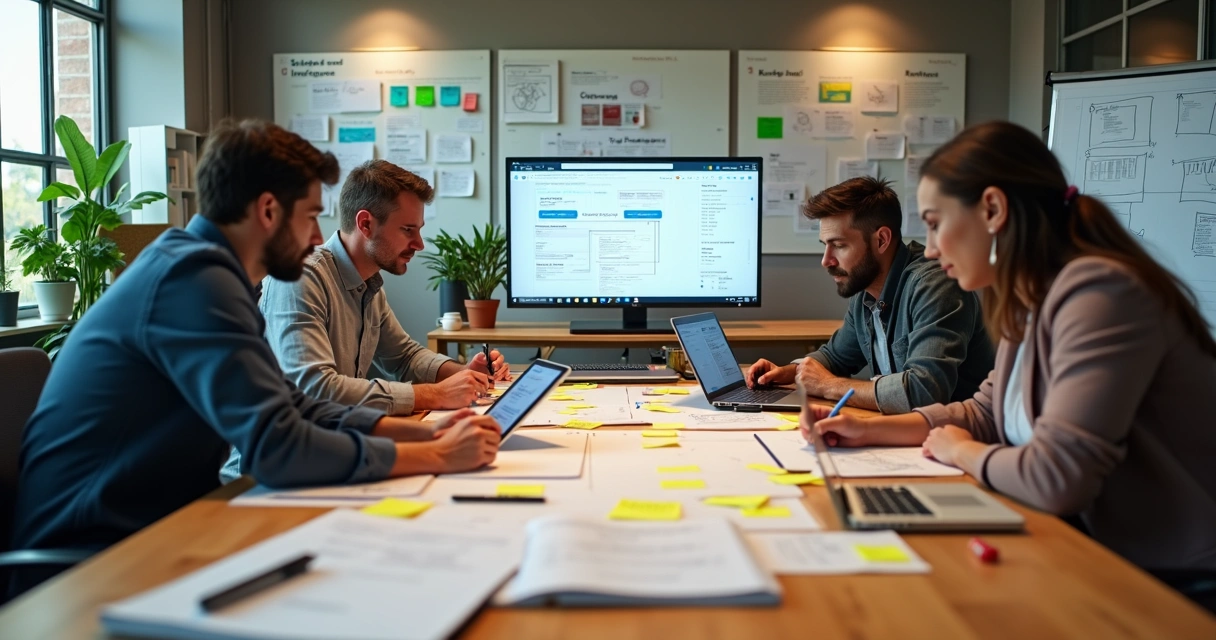 Equipe colaborando em projeto de UX em mesa com telas e post-its 