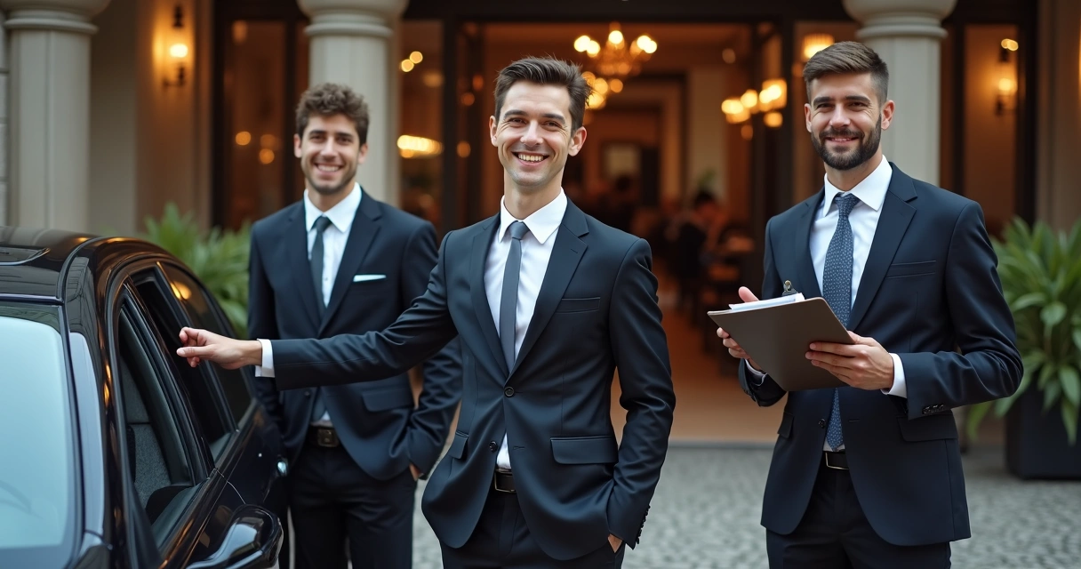 Equipe de valet uniformizada e sorridente recebendo cliente em entrada de restaurante 