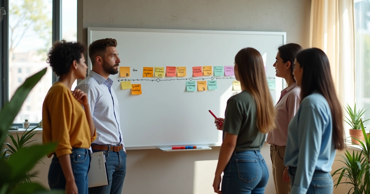 Equipe observando quadro com emoções coloridas em ambiente de trabalho moderno 