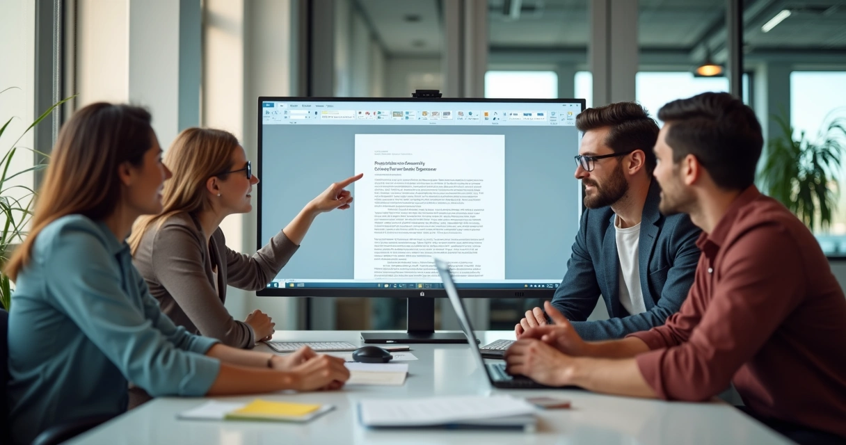 Equipe em escritório reunida, olhando para tela compartilhada mostrando validação de assinatura digital em PDF 